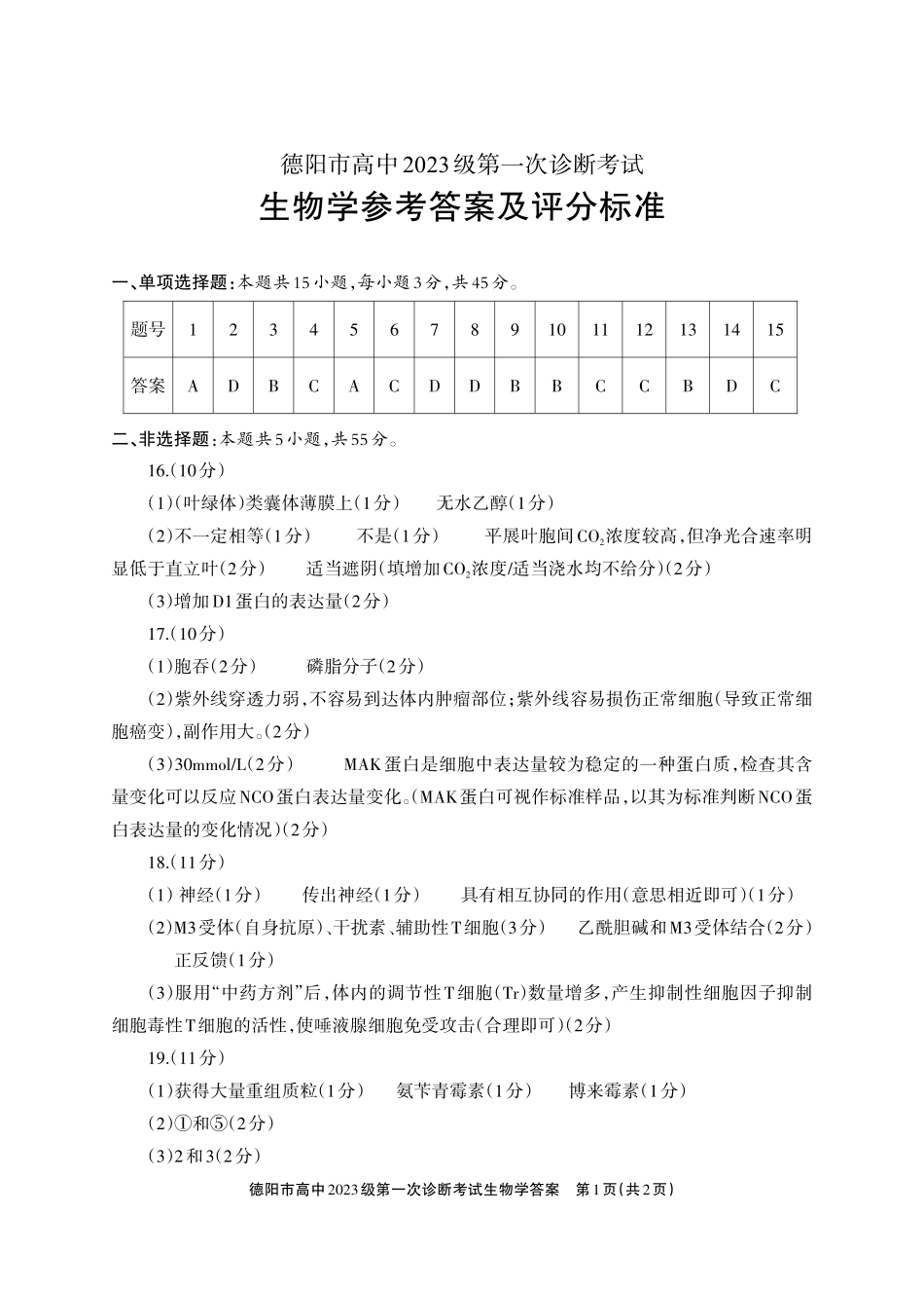 德阳市高中2023级第一次诊断考试生物答案.pdf_第1页