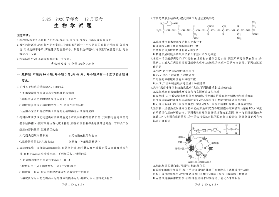 河南百师联盟2028届高一上学期12月联考生物(A).pdf_第1页