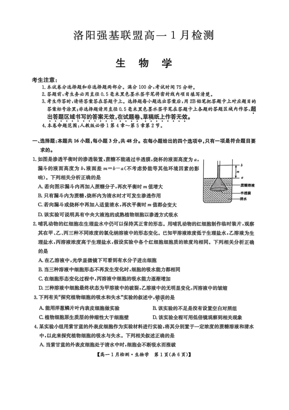 河南洛阳市强基联盟2025-2026学年高一上学期1月月考生物试题含答案.pdf_第1页