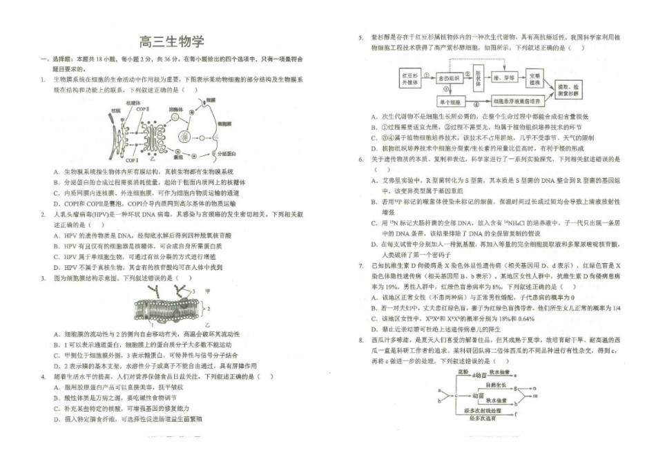 湖北2026届高三上学期元月调考生物.pdf_第1页