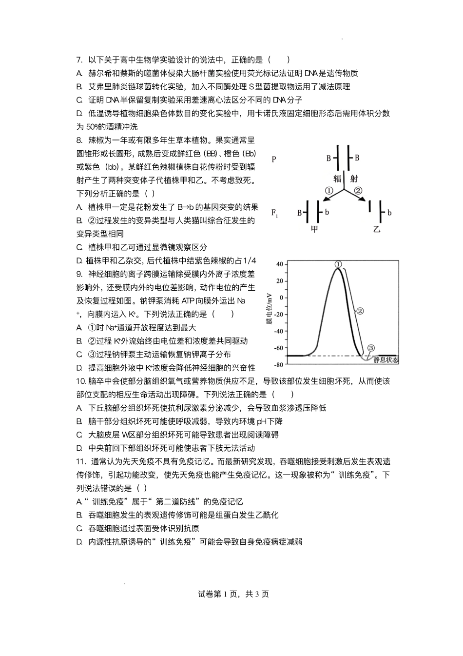 绵阳南山中学实验学校2025-2026学年高三上学期1月月考生物+答案.pdf_第3页