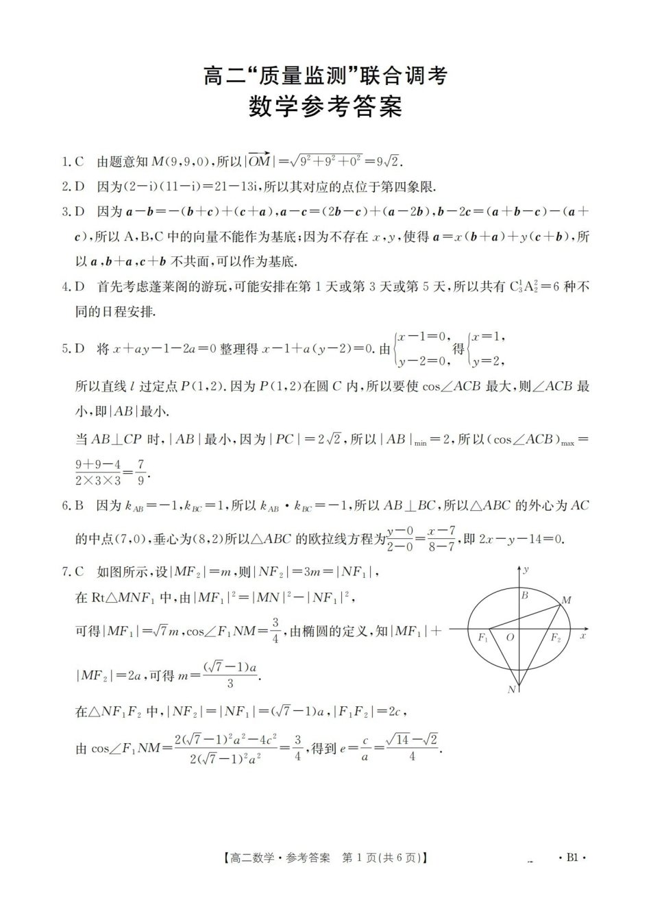 山东2025-2026学年高二上学期“质量监测”联合调考（26-173B）数学答案.pdf_第1页