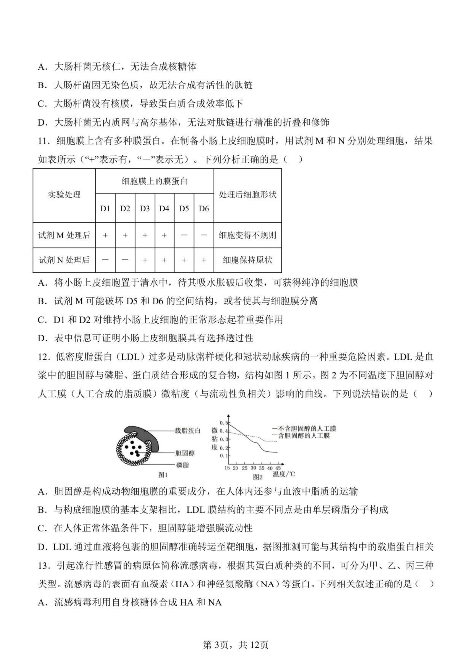 生物+答案山东济南一中2025级(2028届)高一上学期1月学情检测(1.12-1.13).pdf_第3页
