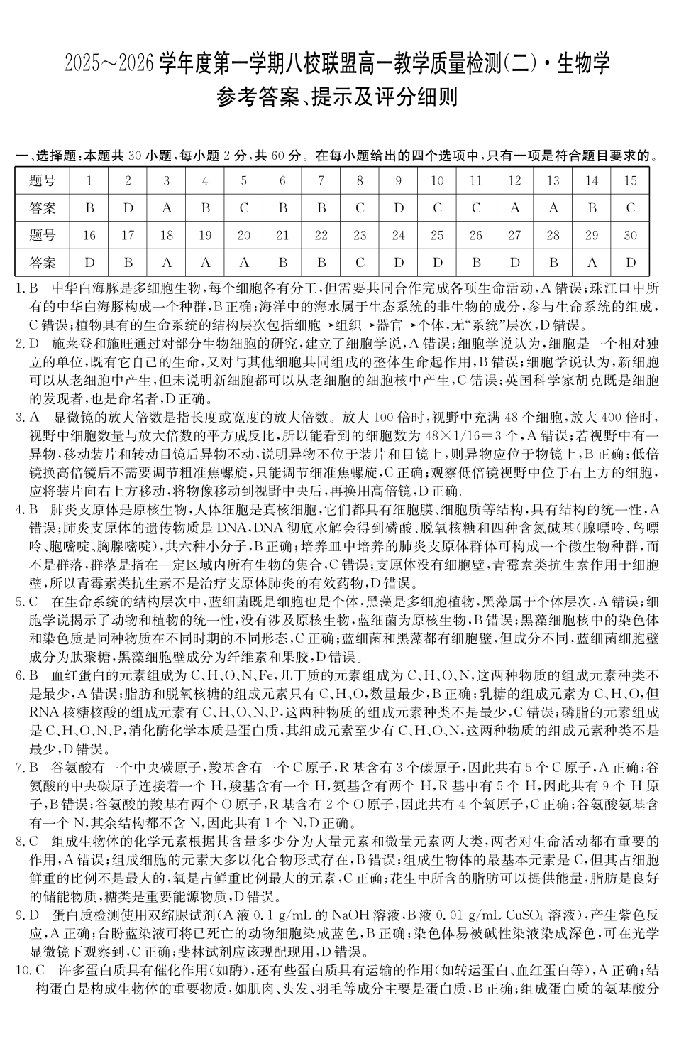 生物学试卷()答案广东纵千文化2025~2026学年度第一学期八校联盟高一教学质量检测(二)(12.19-12.20).pdf_第1页