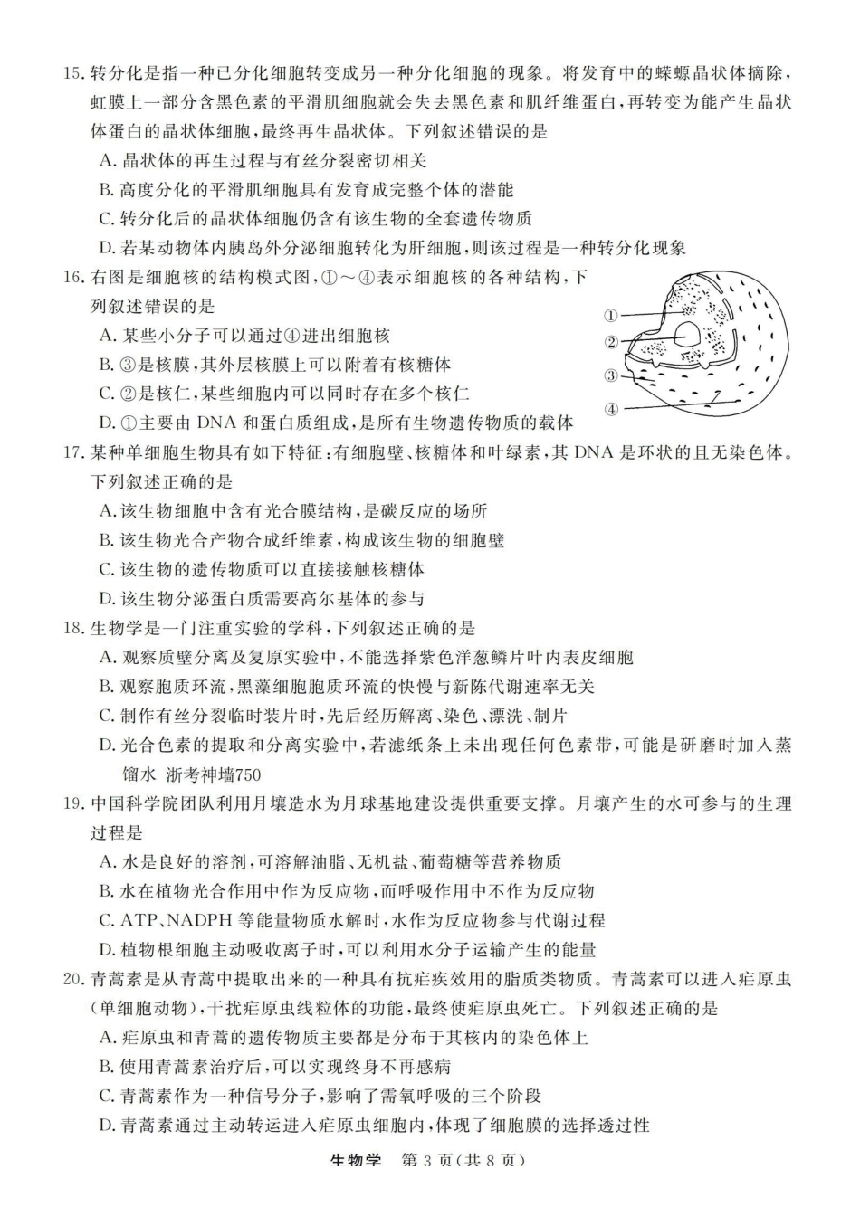 生物浙江强基联盟2025年12月高一上学期12月联考(12.23-12.24).pdf_第3页