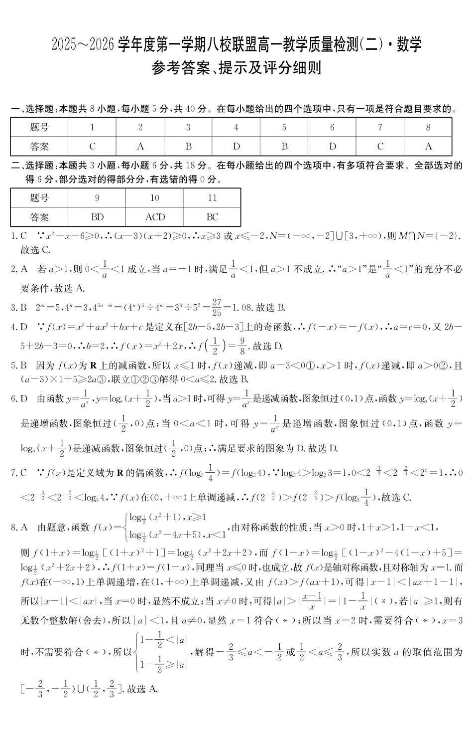 数学试卷()答案广东纵千文化2025～2026学年度第一学期八校联盟高一教学质量检测（二）（12.19-12.20）.pdf_第1页
