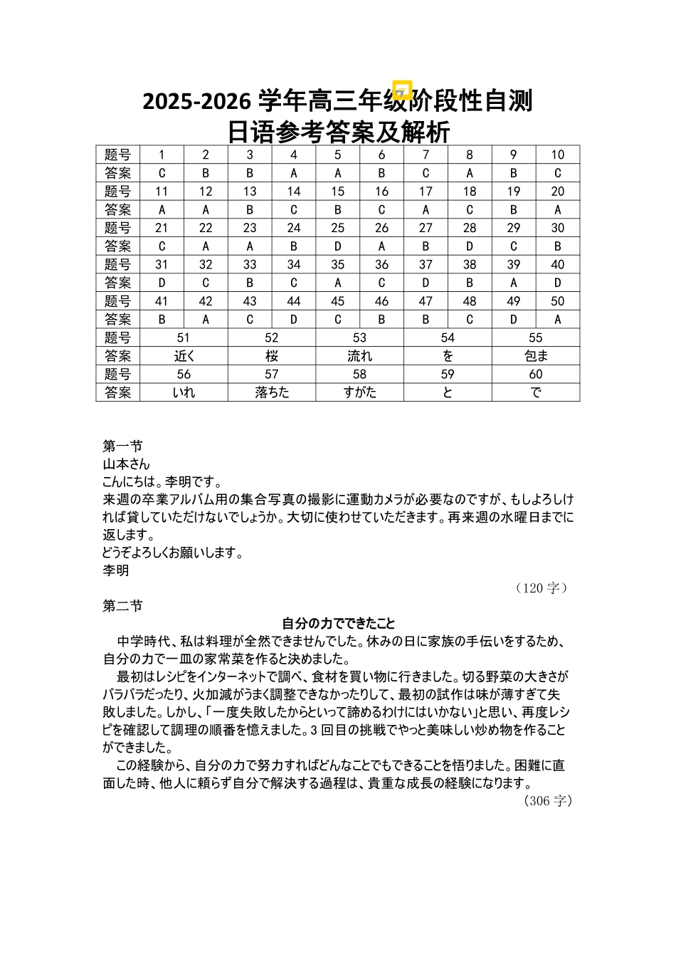四川衡水金卷2026届高三上学期12月阶段性自测日语答案.pdf_第1页