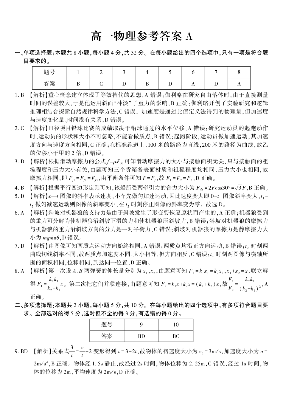 物理(A卷版)答案安徽皖江名校联盟2025-2026学年高一上学期12月联考（12.25-12.26）.pdf_第1页