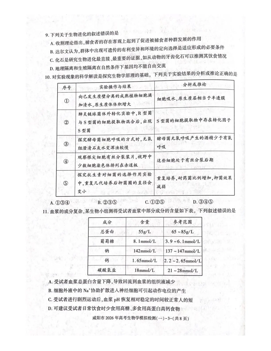 咸阳市2026年高考模拟检测(一)生物.pdf_第3页