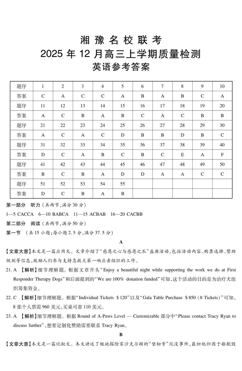 湘豫名校联考2025-2026学年高三上学期12月月考英语答案.pdf_第1页