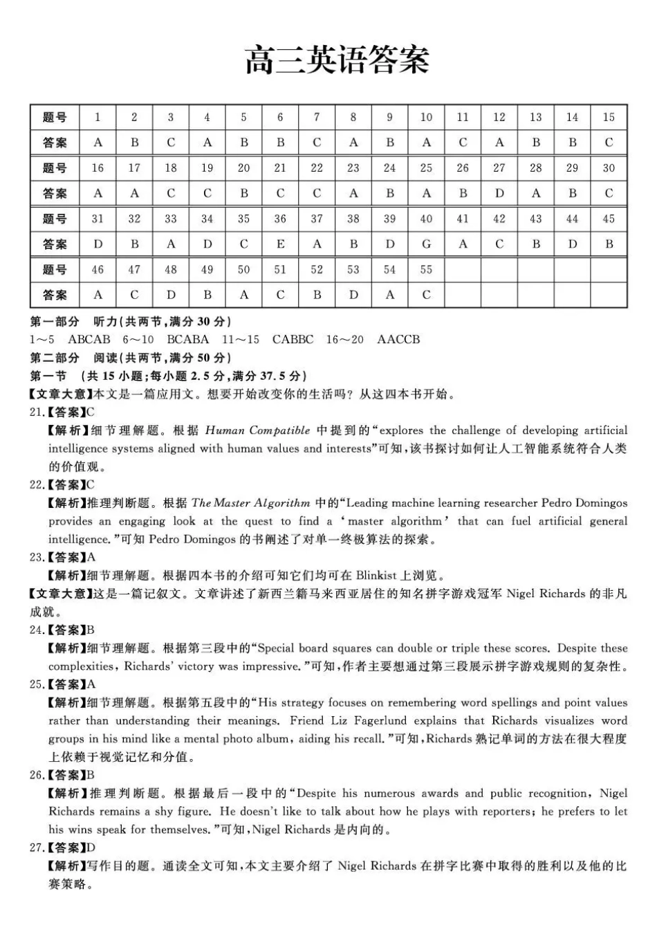 英语(6226C)答案吉林白山市2026届高三上学期一模考试（6226C）（1.13-1.14）.pdf_第1页