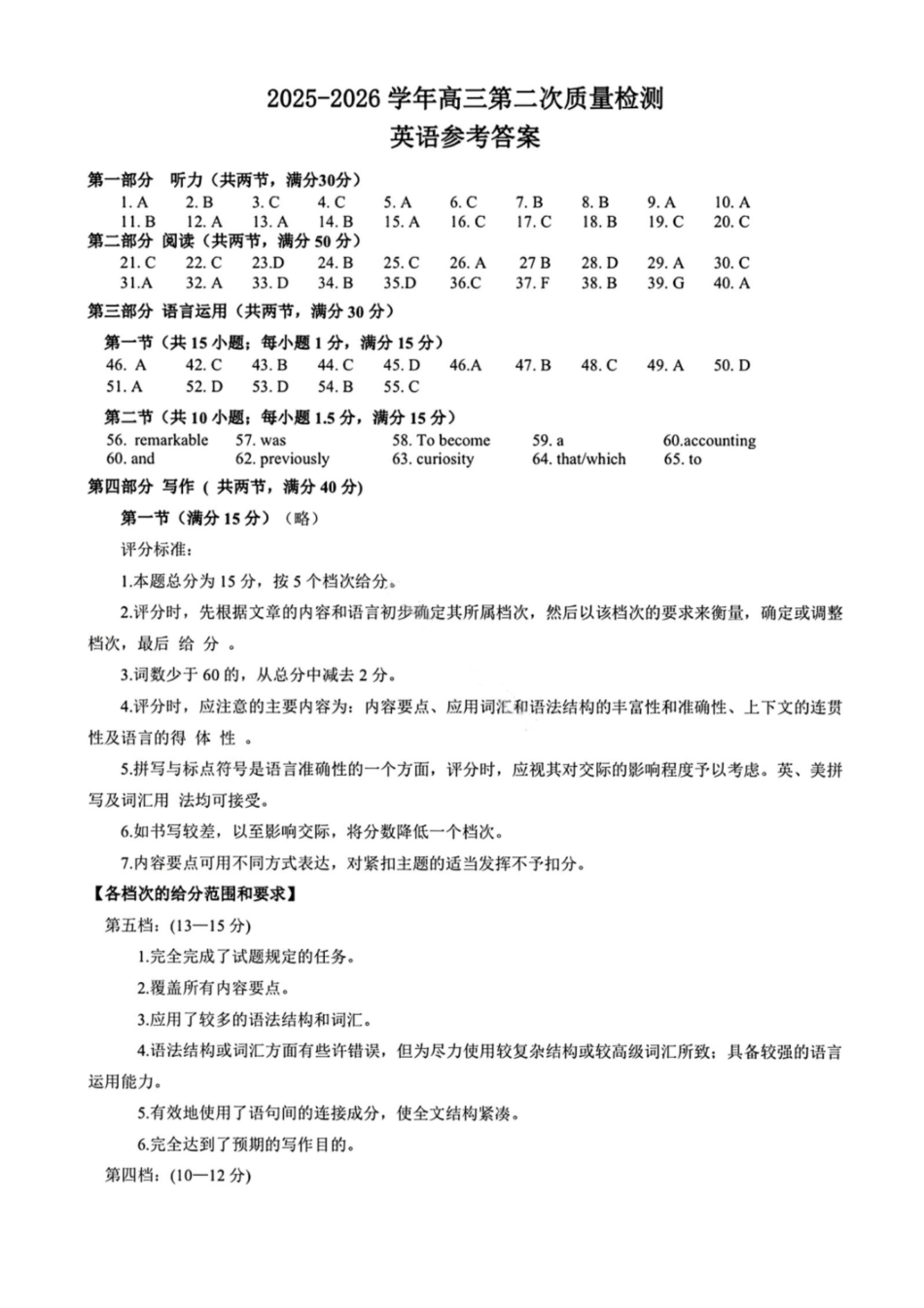 英语答案-河南豫西北教研联盟2025-2026学年高三第二次质量检测.pdf_第1页