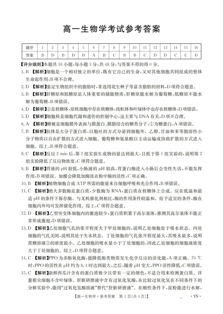 云南2028届高一上学期12月联考（26-002A）生物答案.pdf_第1页