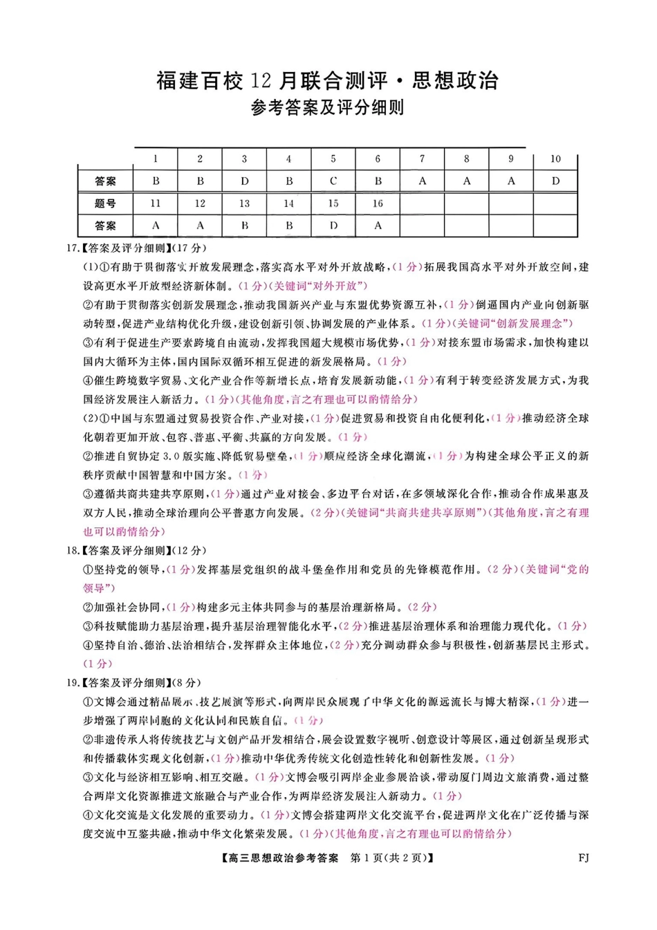 政治答案-2026届福建高三百校12月联合测评.pdf_第1页