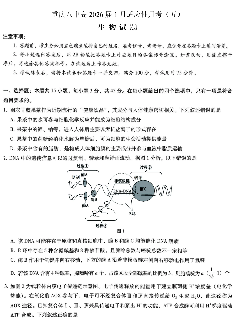 重庆市第八中学2026届高考适应性月考卷（五）生物.pdf_第1页