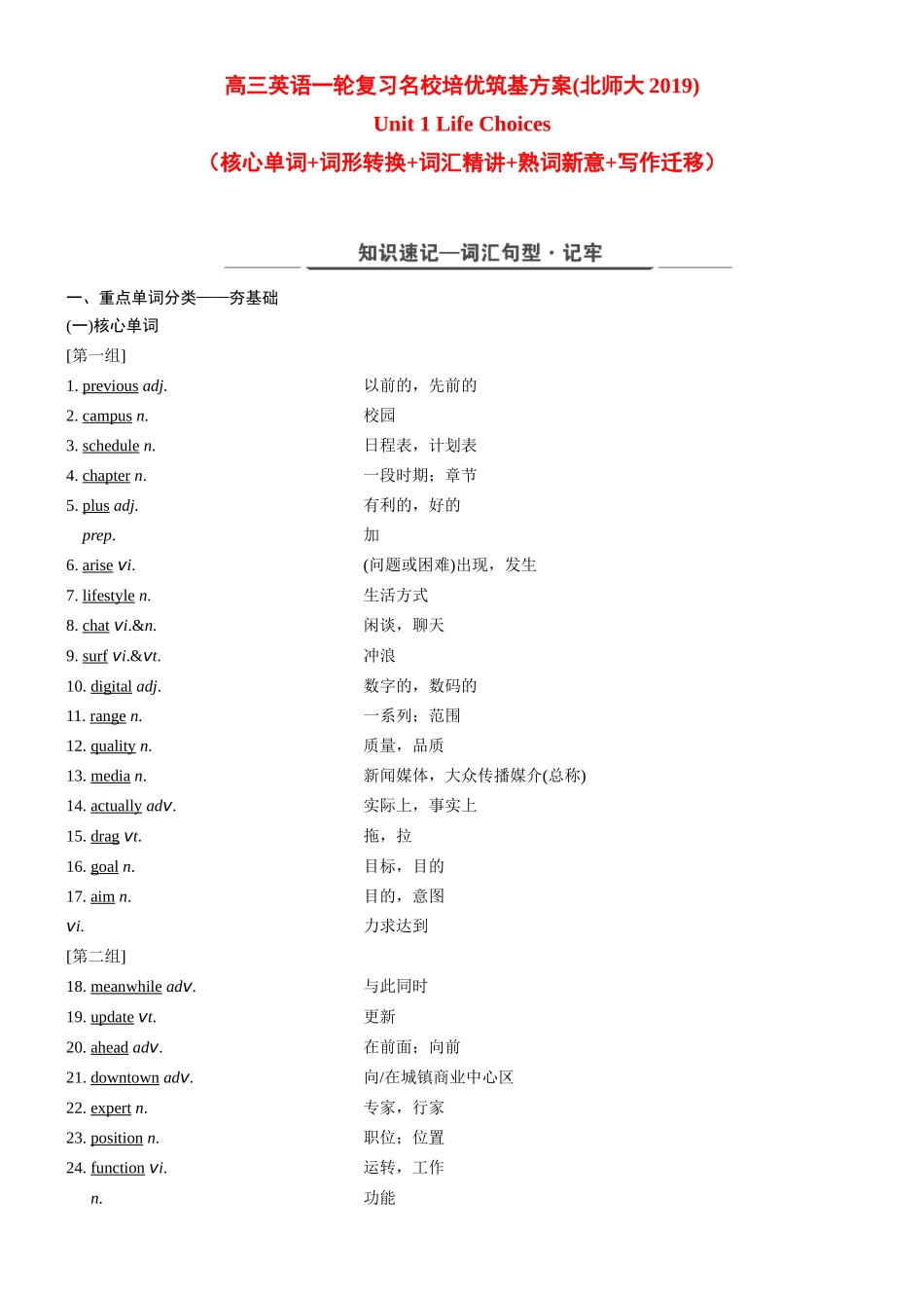 Unit 1 Life choices（核心单词+词形转换+词汇精讲+熟词新意+写作迁移）解析版.docx_第1页