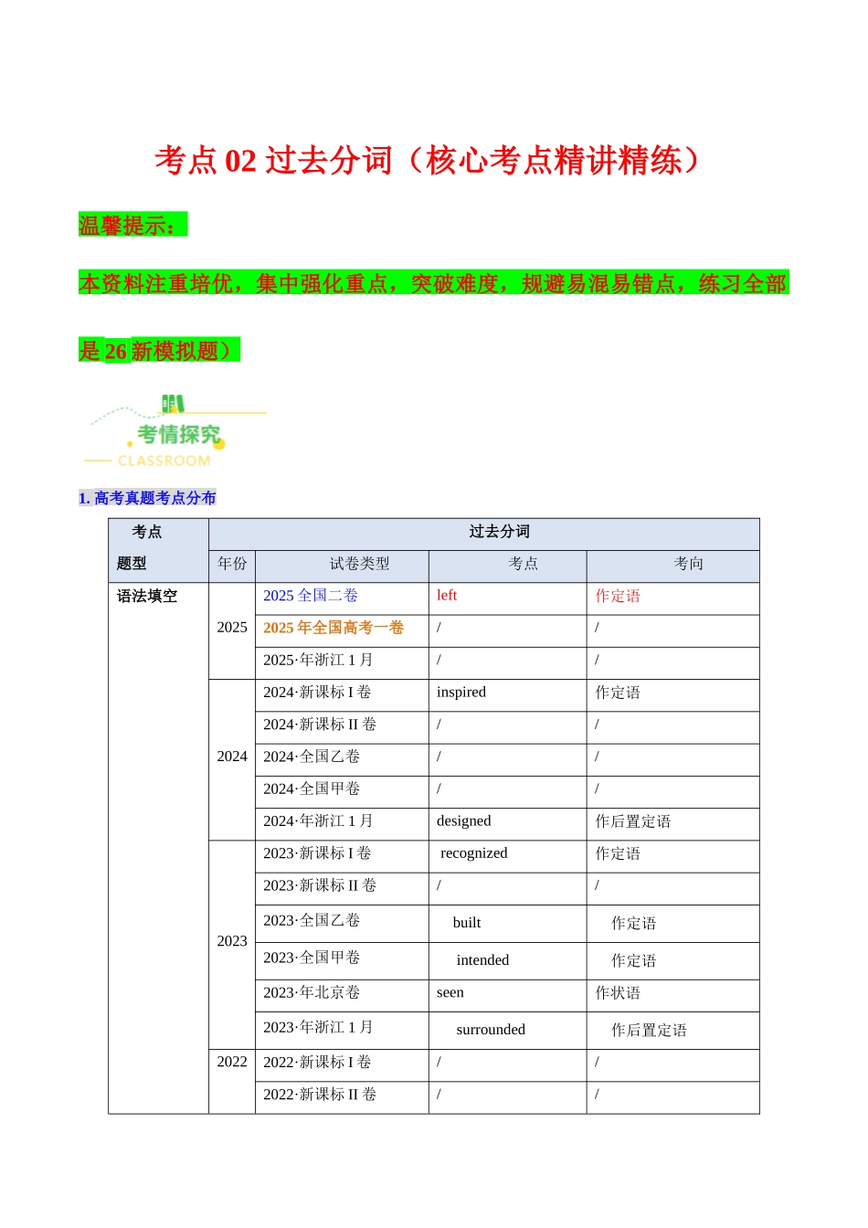 考点02 过去分词（高效培优精讲精练）（全国通用）（教师版）.docx_第1页