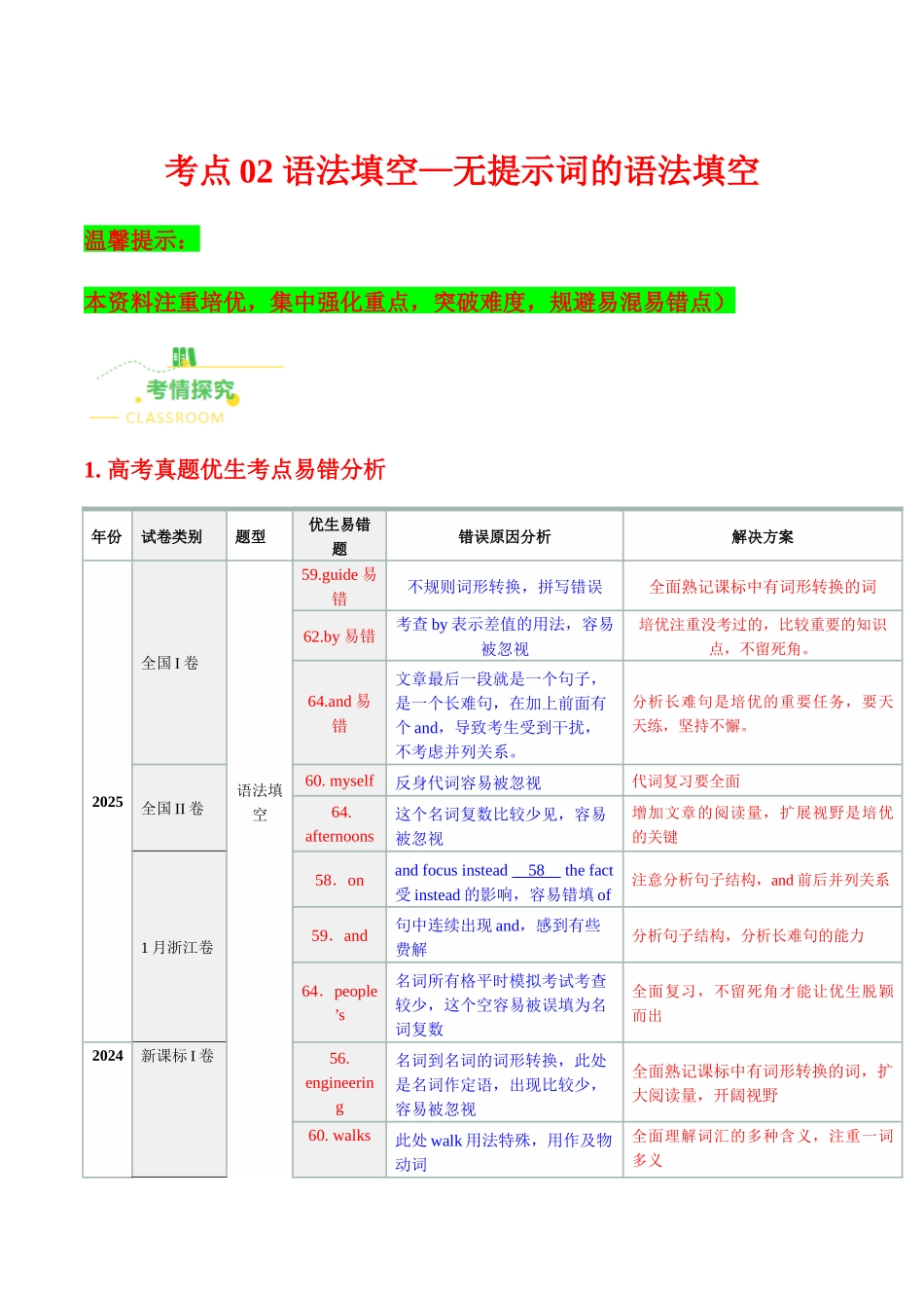 考点02 语法填空——无提示词的语法填空（核心考点精讲精练）（全国通用）（教师版）.docx_第1页