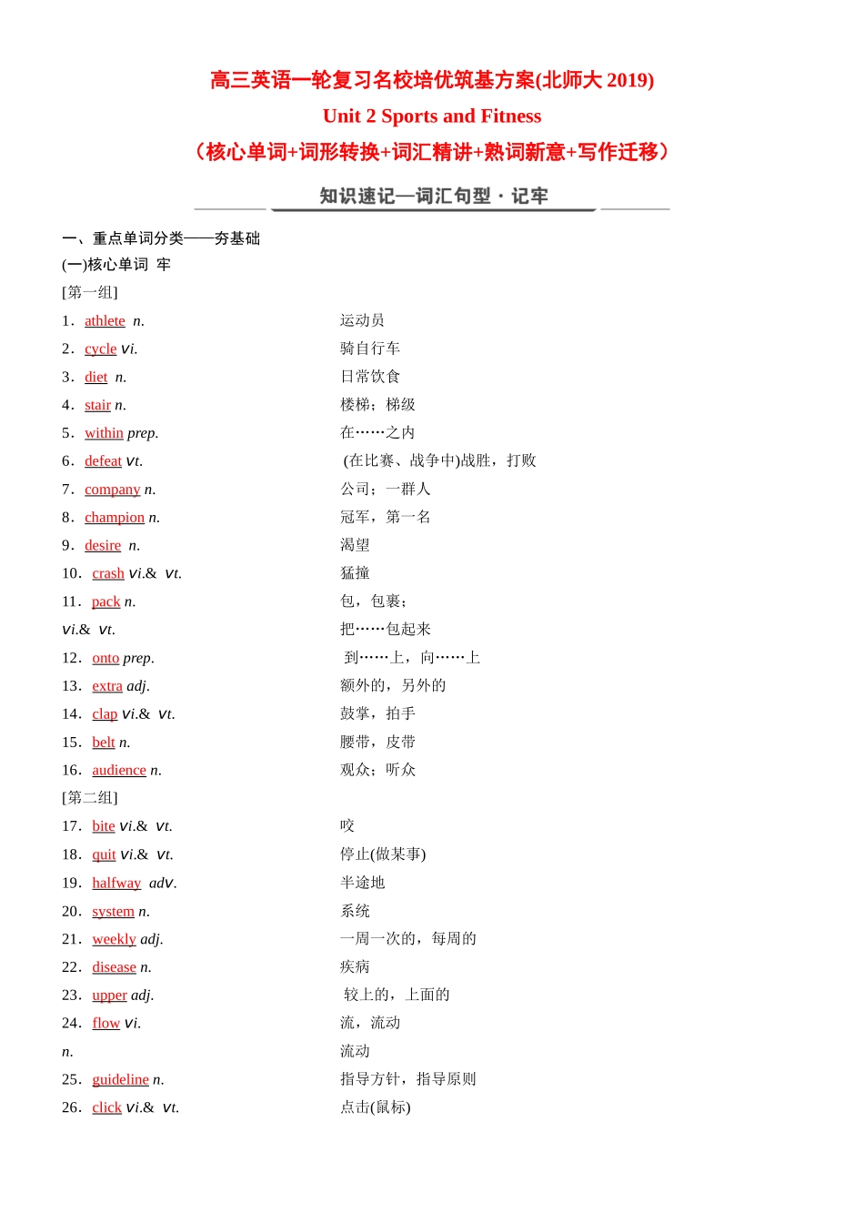 Unit 2 Sports and games（核心单词+词形转换+词汇精讲+熟词新意+写作迁移）解析版.docx_第1页