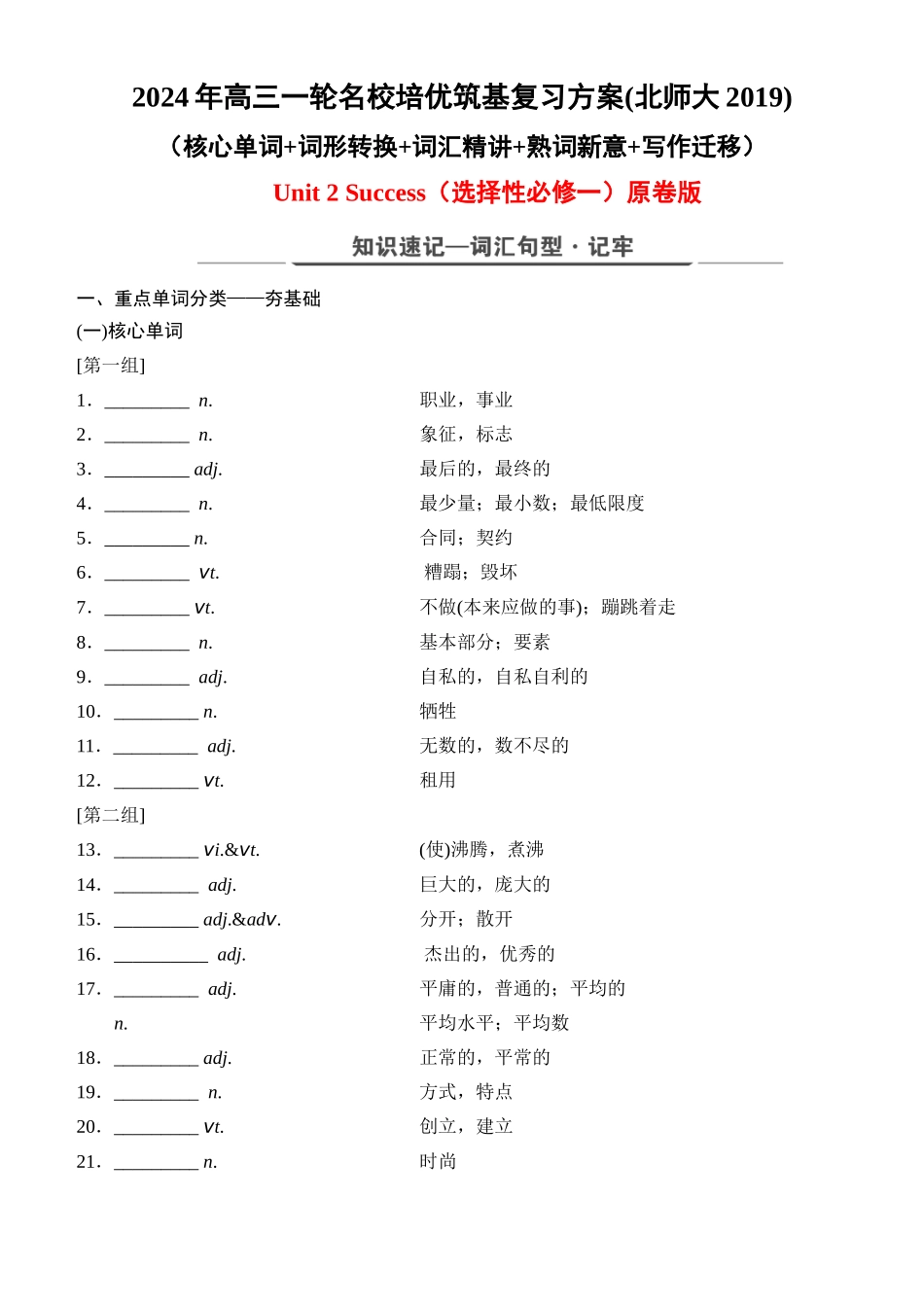 Unit 2 Success（核心单词+词形转换+词汇精讲+熟词新意+写作迁移）原卷版.docx_第1页