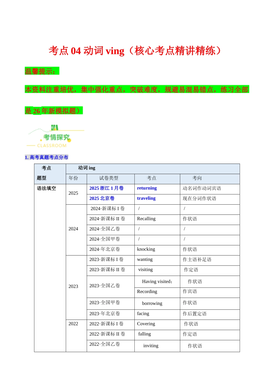 考点04 动词 Ving（核心考点精讲精练）（全国通用）（学生版）.docx_第1页