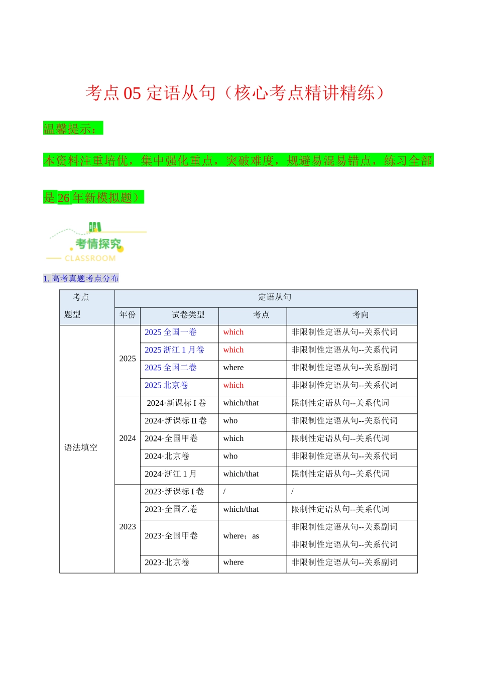 考点05 定语从句（核心考点精讲精练）（全国通用）（学生版）.docx_第1页