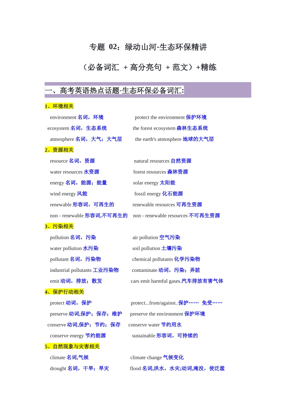 专题 02：绿动山河-生态环保精讲（必备词汇 + 高分亮句 + 范文）+精练-原卷版.docx_第1页