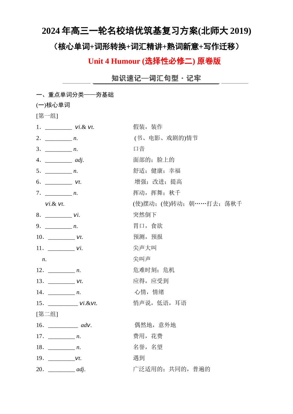 Unit 4 Humour（核心单词+词形转换+词汇精讲+熟词新意+写作迁移）原卷版.docx_第1页