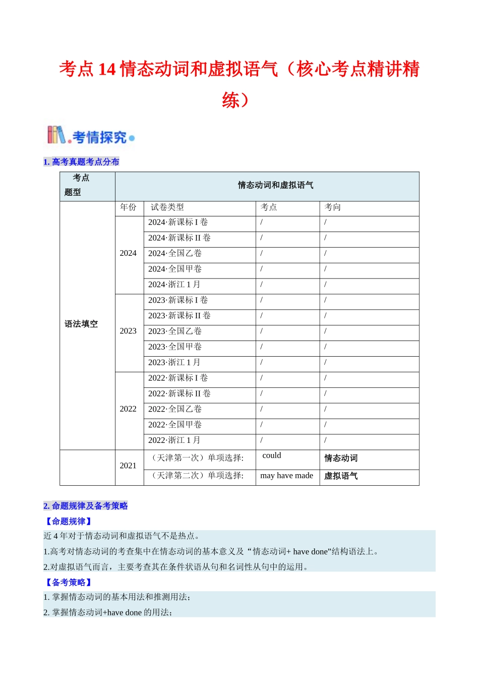 考点14 情态动词和虚拟语气(核心考点精讲精练)-(新高考通用)(教师版) .docx_第1页