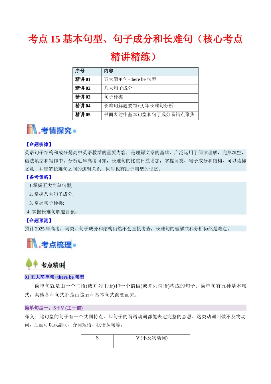 考点15 基本句型 句子成分和长难句 （核心考点精讲精练）-（新高考通用）（教师版).docx_第1页