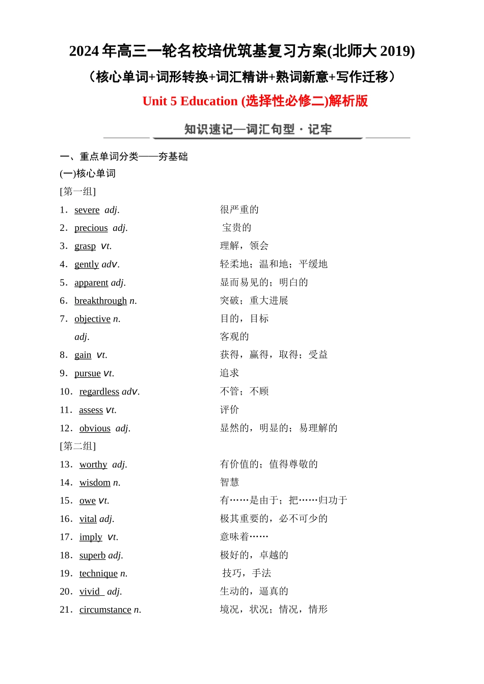 Unit 5 Education（核心单词+词形转换+词汇精讲+熟词新意+写作迁移）解析版.docx_第1页