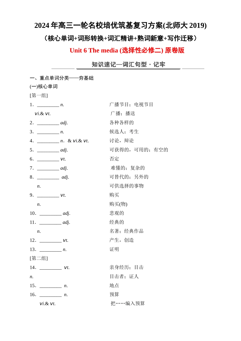 Unit 6 The media（核心单词+词形转换+词汇精讲+熟词新意+写作迁移）原卷版.docx_第1页