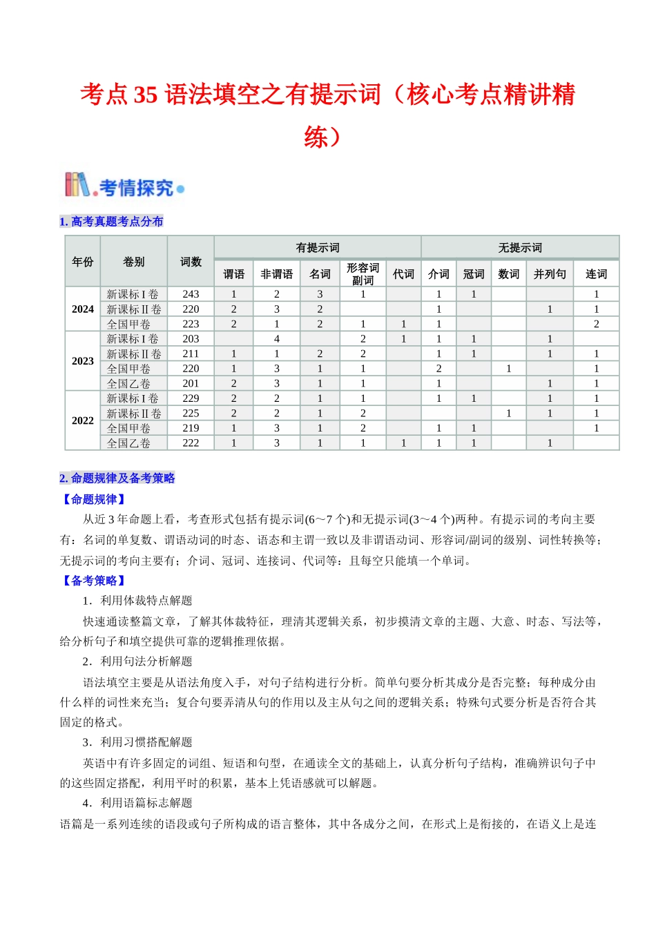 考点35 语法填空之有提示词 （核心考点精讲精练）-（新高考通用）（学生版）.docx_第1页