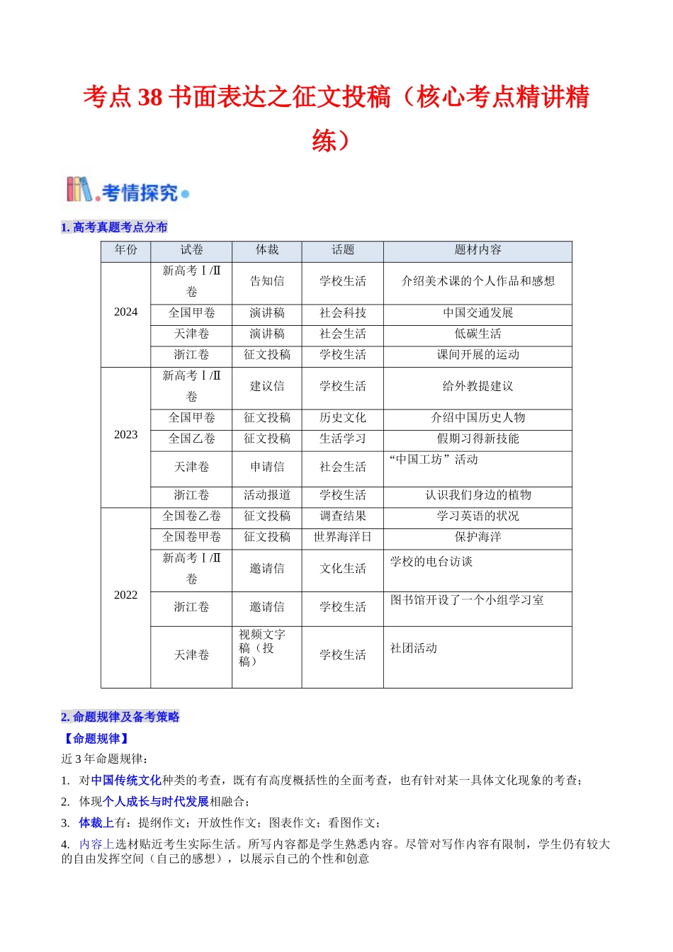 考点38 应用文写作之征文投稿（核心考点精讲精练）（学生版）.docx_第1页
