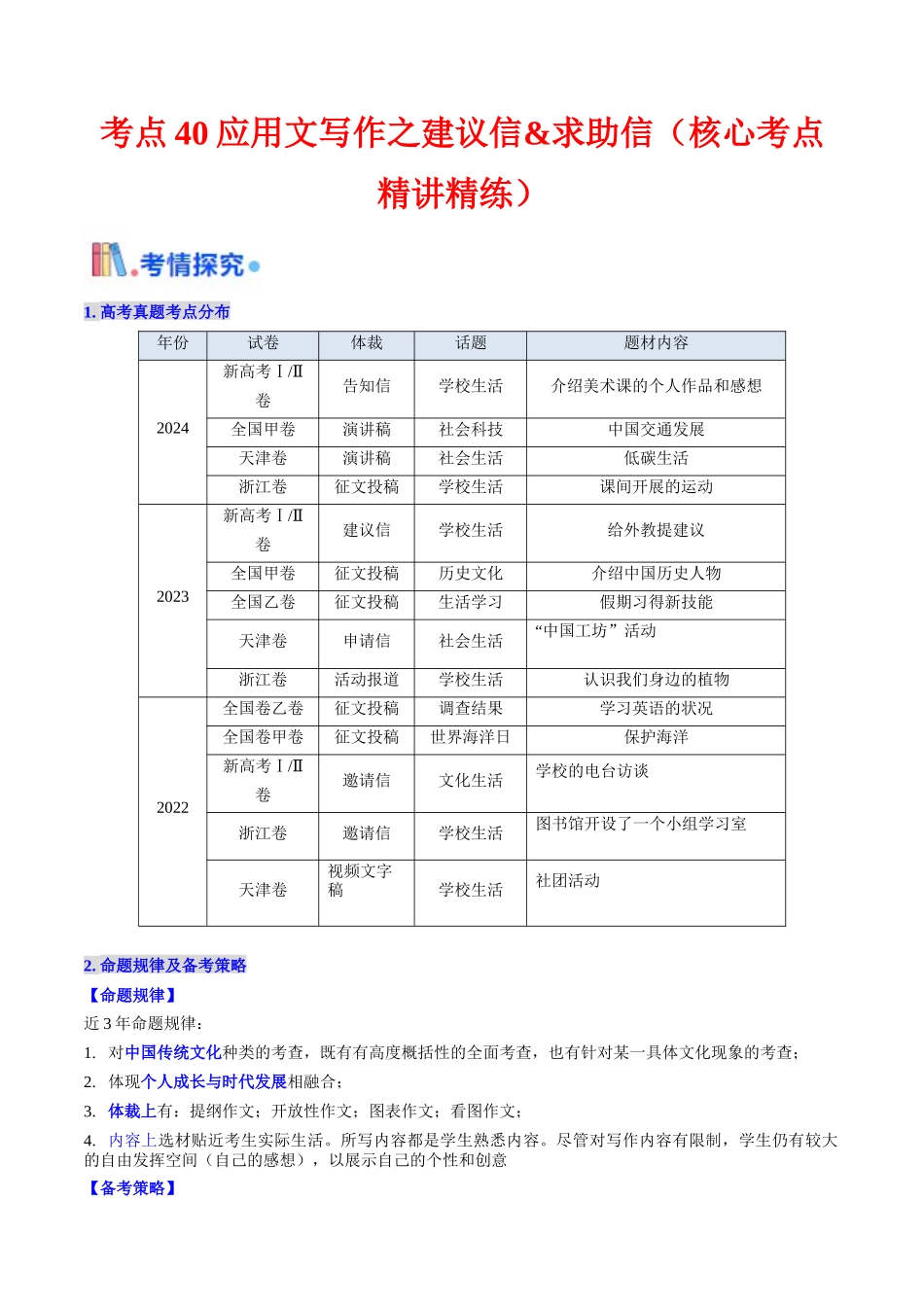 考点40 应用文写作之建议信&求助信（ 核心考点精讲精练）（学生版）.docx_第1页