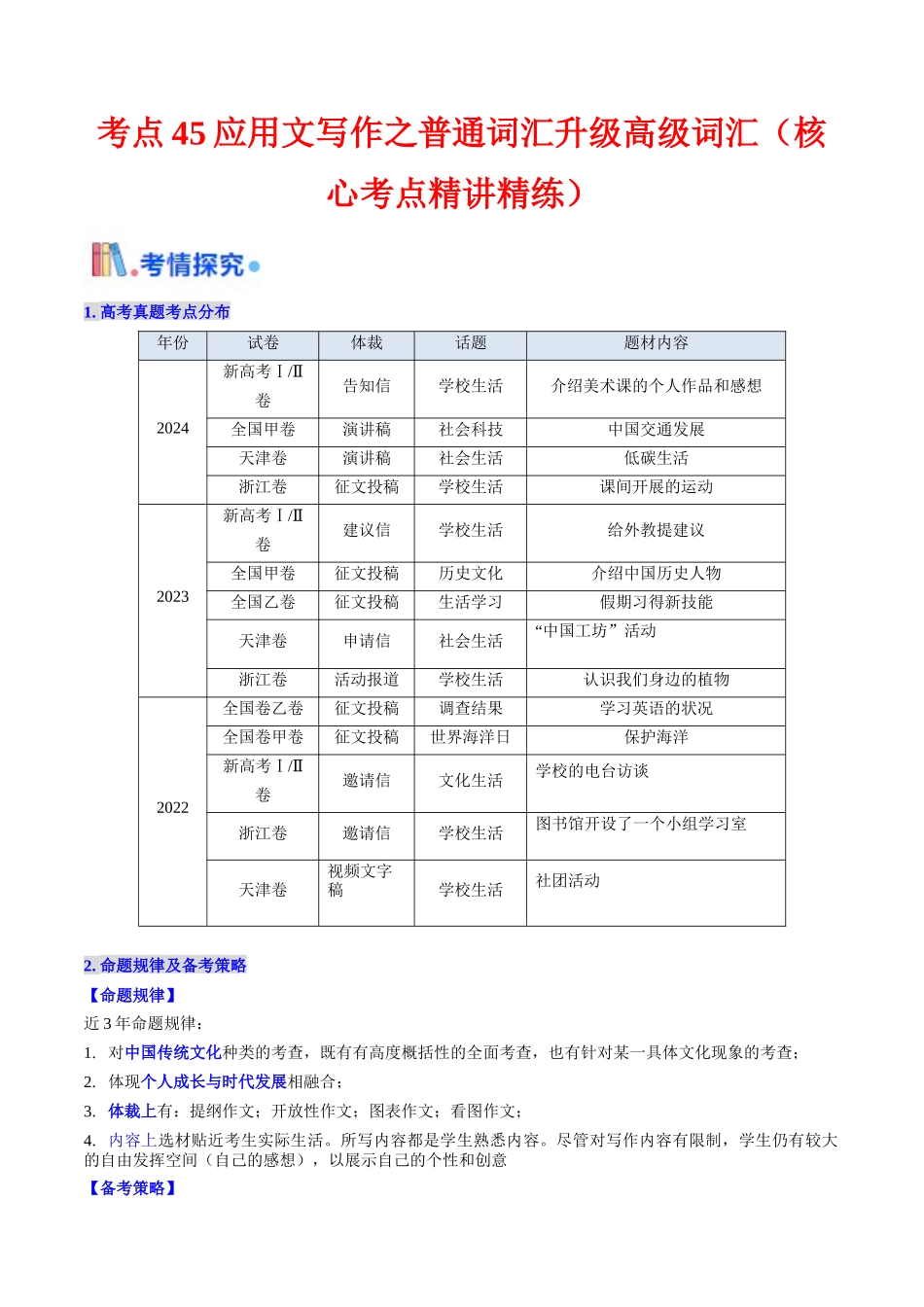 考点45 应用文写作之普通词汇升级为高级词汇（ 核心考点精讲精练）（教师版）.docx_第1页