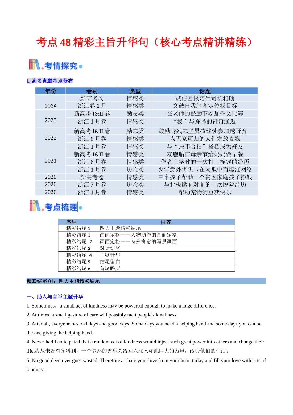 考点48 读后续写精彩主旨升华句（ 核心考点精讲精练）（教师版）.docx_第1页