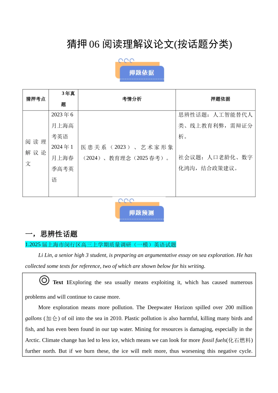 猜押06 阅读理解议论文(按话题分类)(学生版).docx_第1页