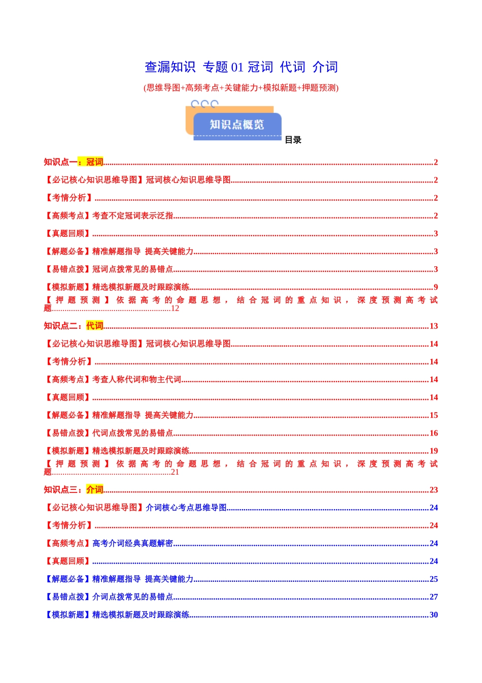 查漏知识 专题01 冠词 代词 介词(思维导图+高频考点+必备知识+模拟新题+押题预测)（教师版）.docx_第1页