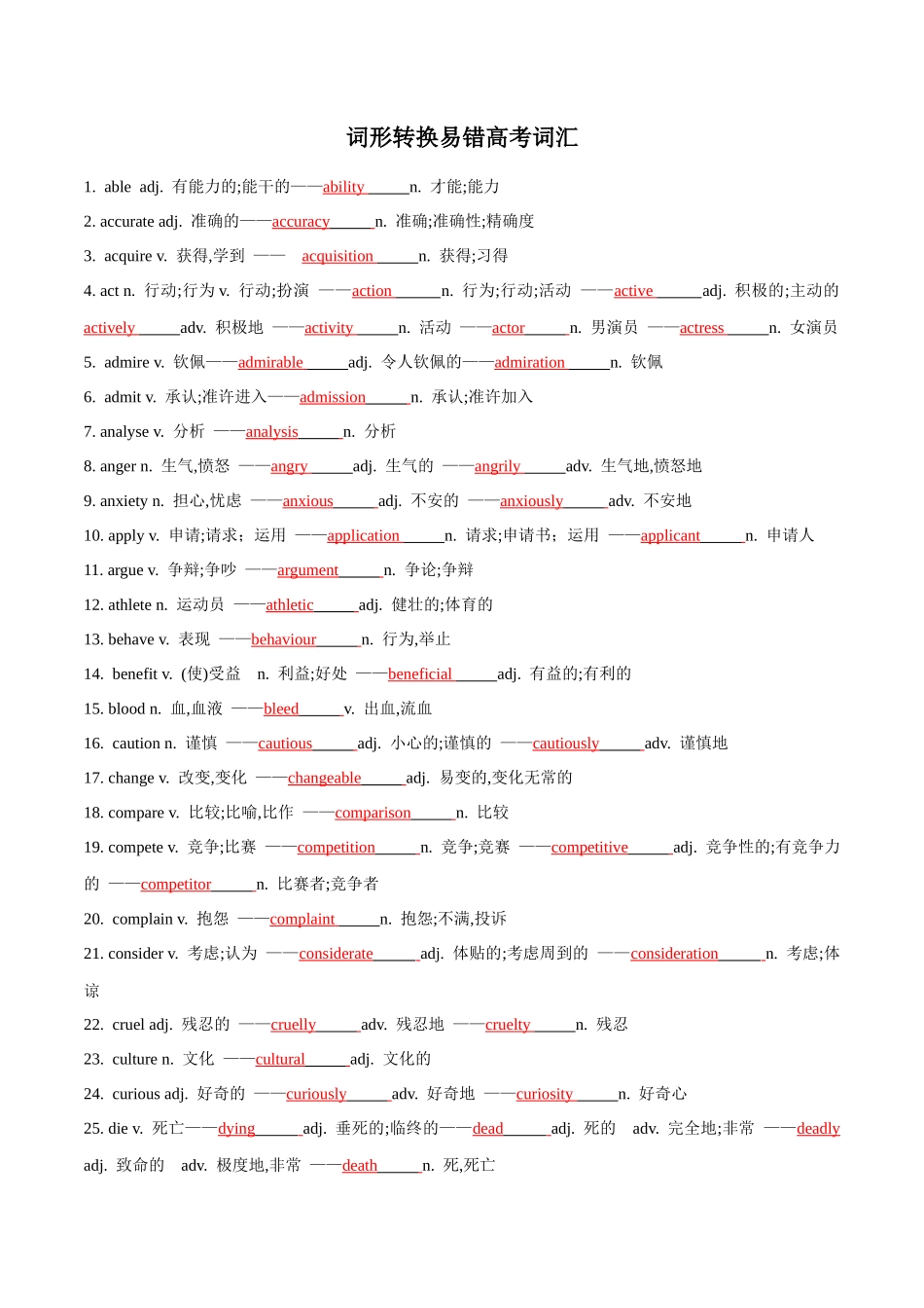 词汇变形易错词-高考英语轮复习基础过关之词性变化归纳与专练（新人教版）（解析版）.docx_第1页