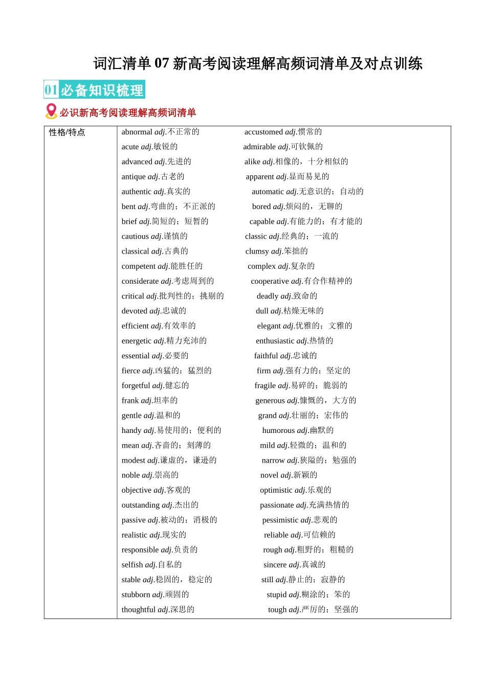 词汇清单07 阅读理解高频词（按主题分类清单）（必备知识·对点训练）（学生版） .docx_第1页