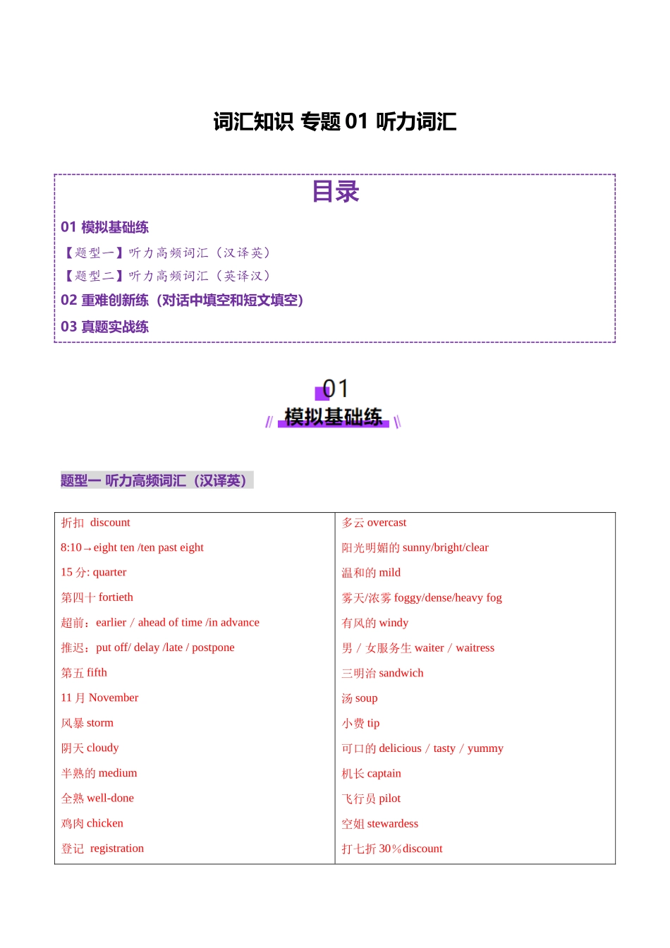 词汇知识 专题01 听力词汇（练习）（教师版）.docx_第1页