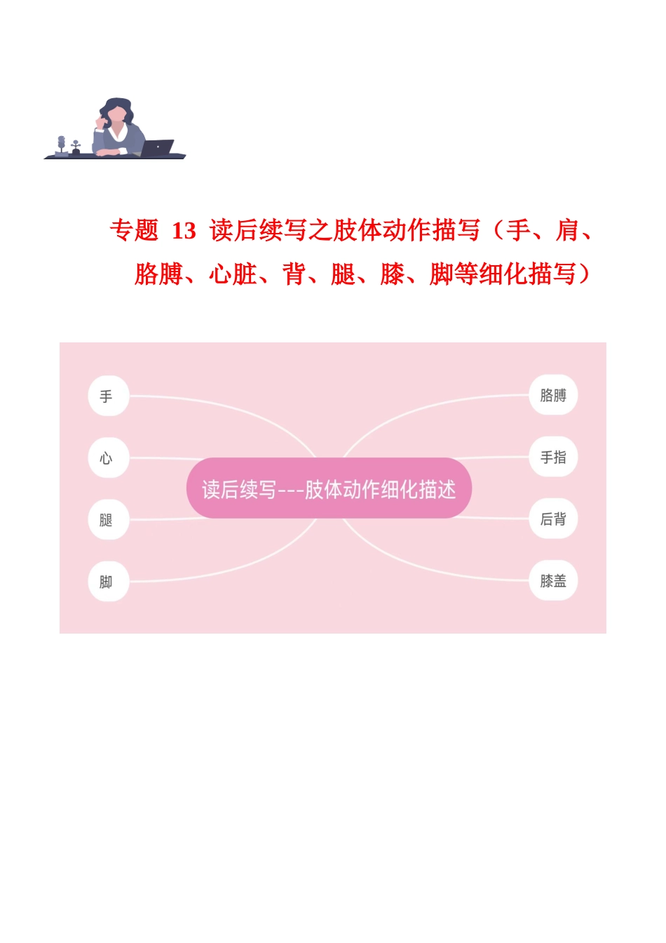 专题 13 读后续写之肢体动作描写（手、肩、心、背、腿、膝、脚等） --.docx_第1页