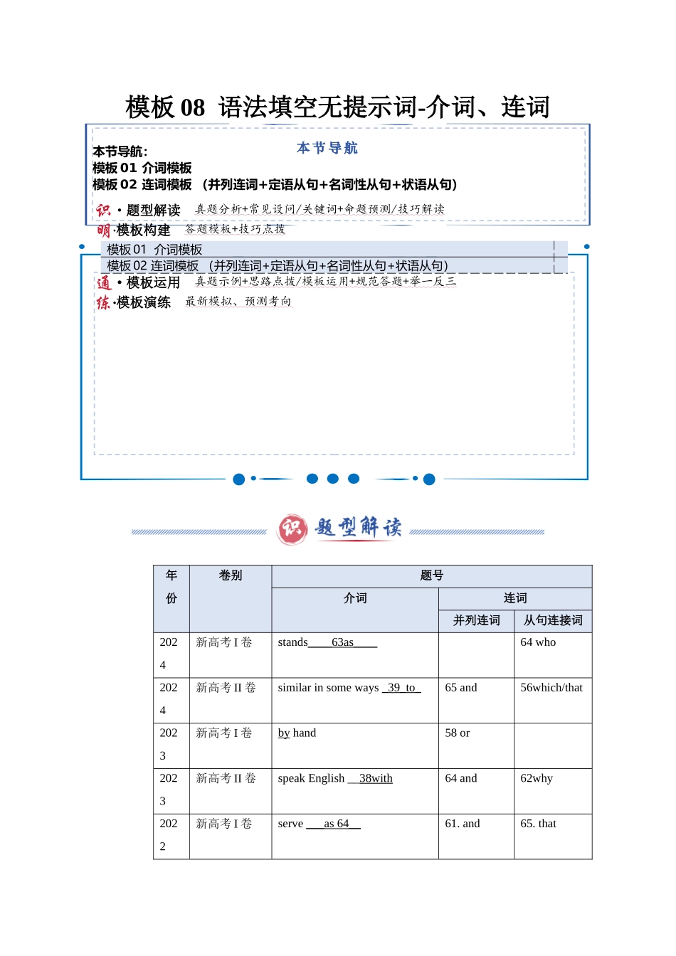 模板08 语法填空无提示词-介词&连词 -原卷版（答题模板）.docx_第1页