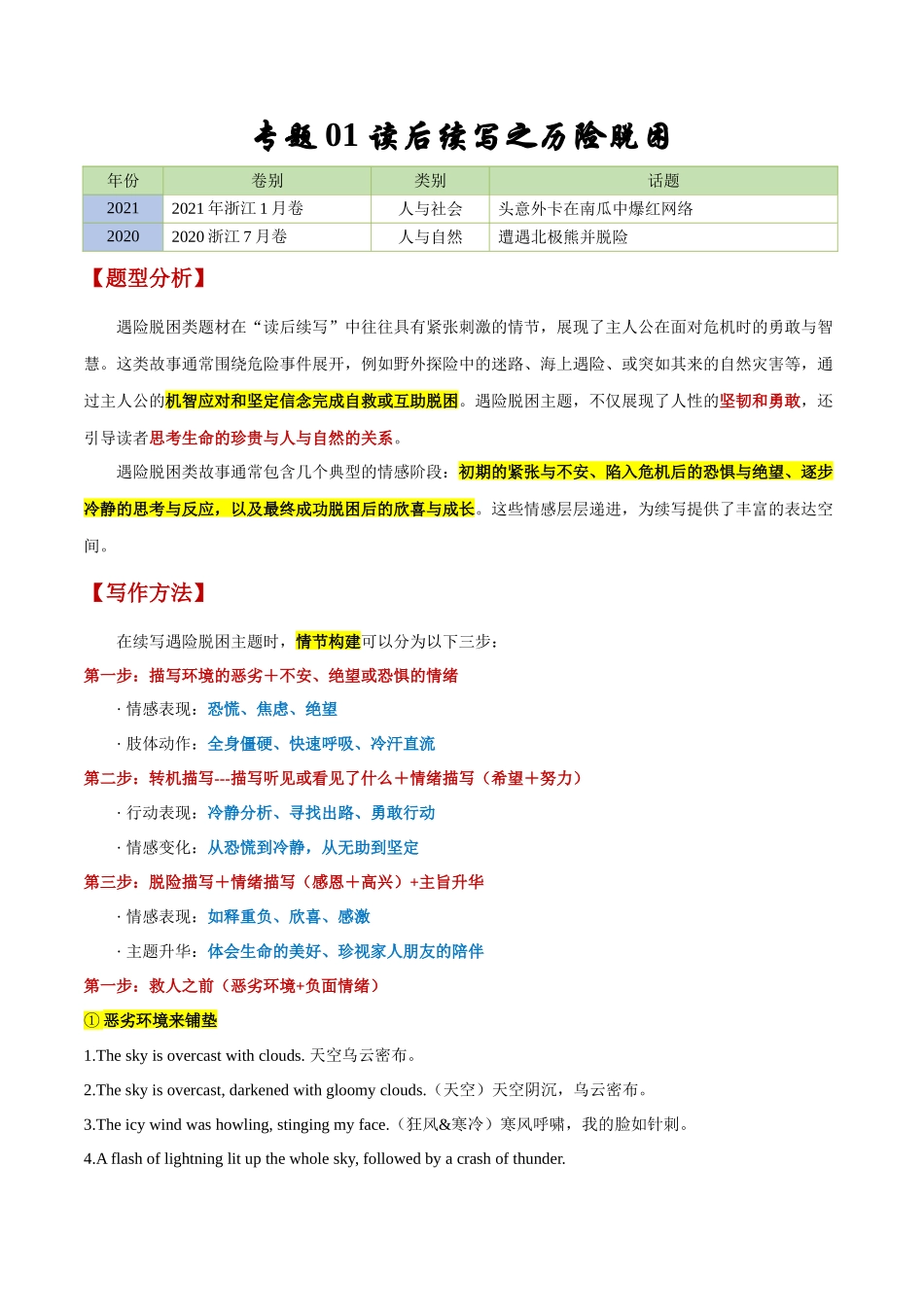 专题01 读后续写之历险脱困(原卷版)-【妙笔生花】2025年高考英语写作常考文体提分秘籍.docx_第1页