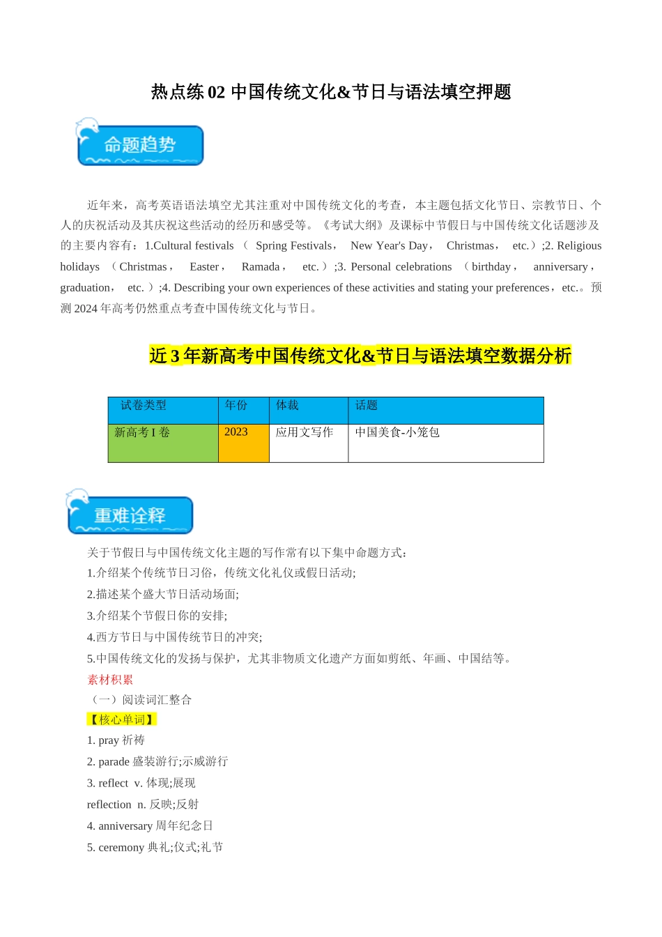 热点02 中国传统文化&节日与语法填空押题-（新高考专用）（学生版）.docx_第1页