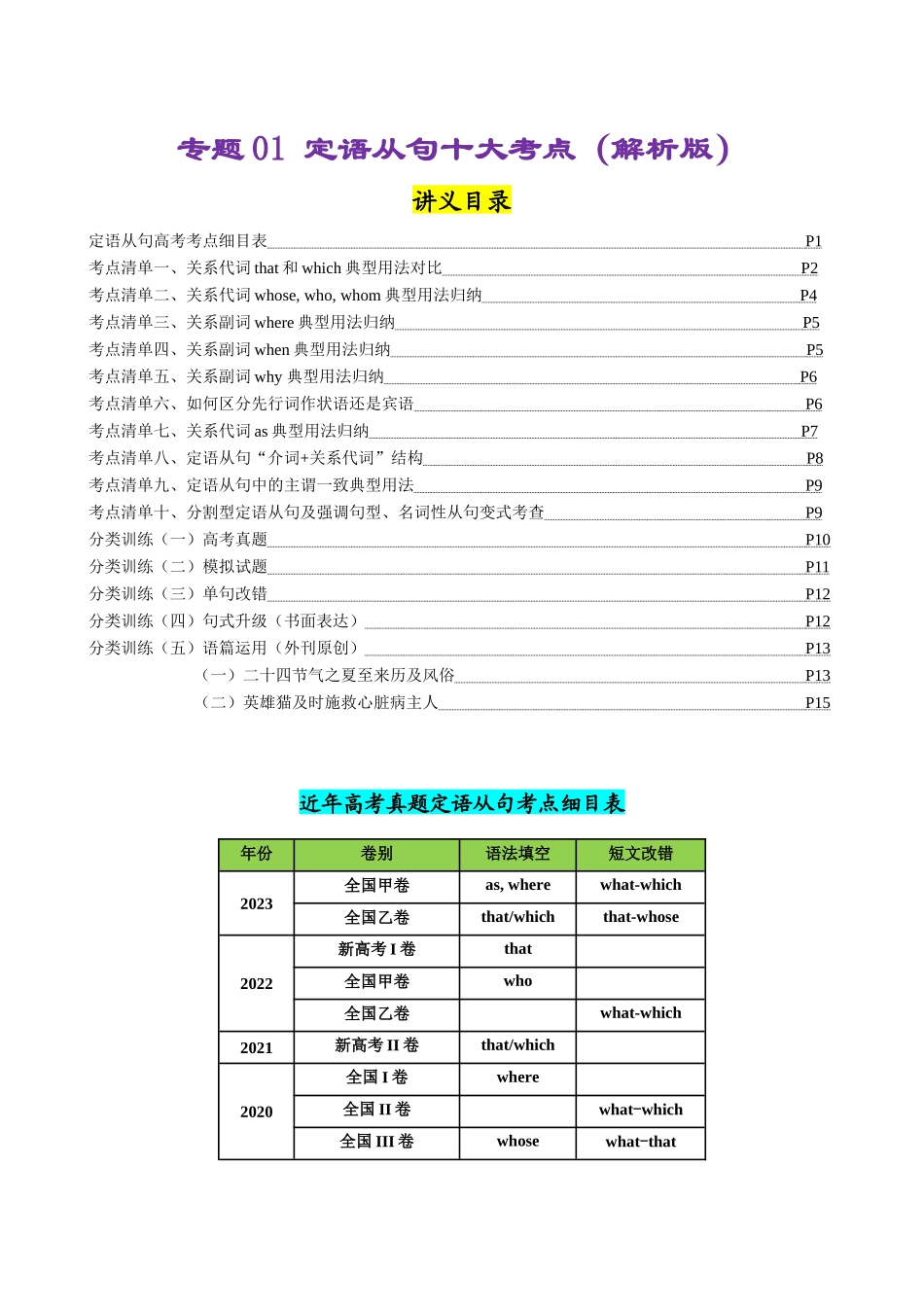专题01++定语从句十大考点归纳（清单）+-2024年高考英语一轮复习知识清单（全国通用）（解析版）.docx_第1页