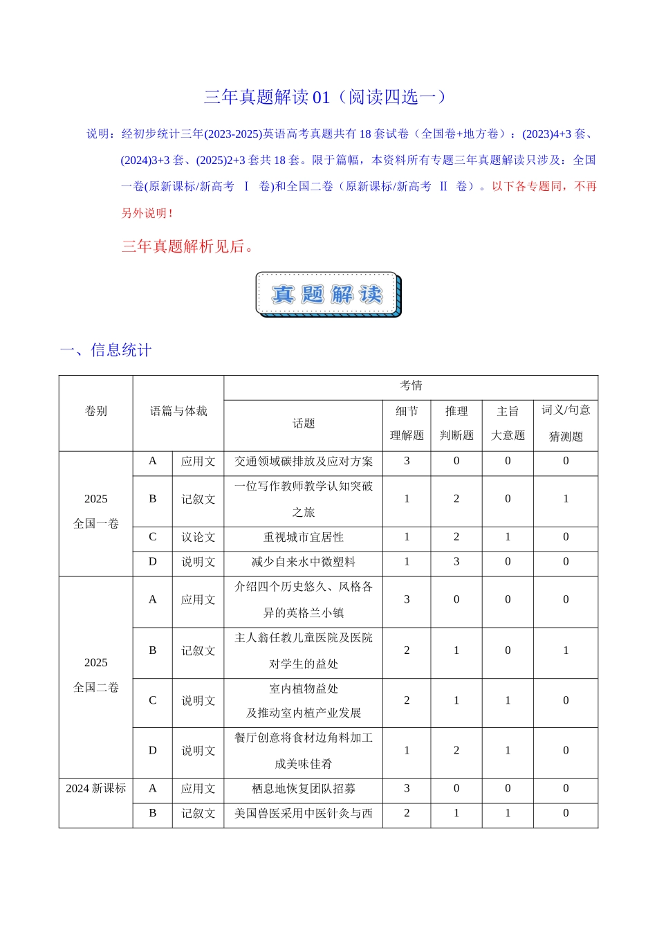 三年真题解读01（阅读四选一）（学生版）.docx_第1页