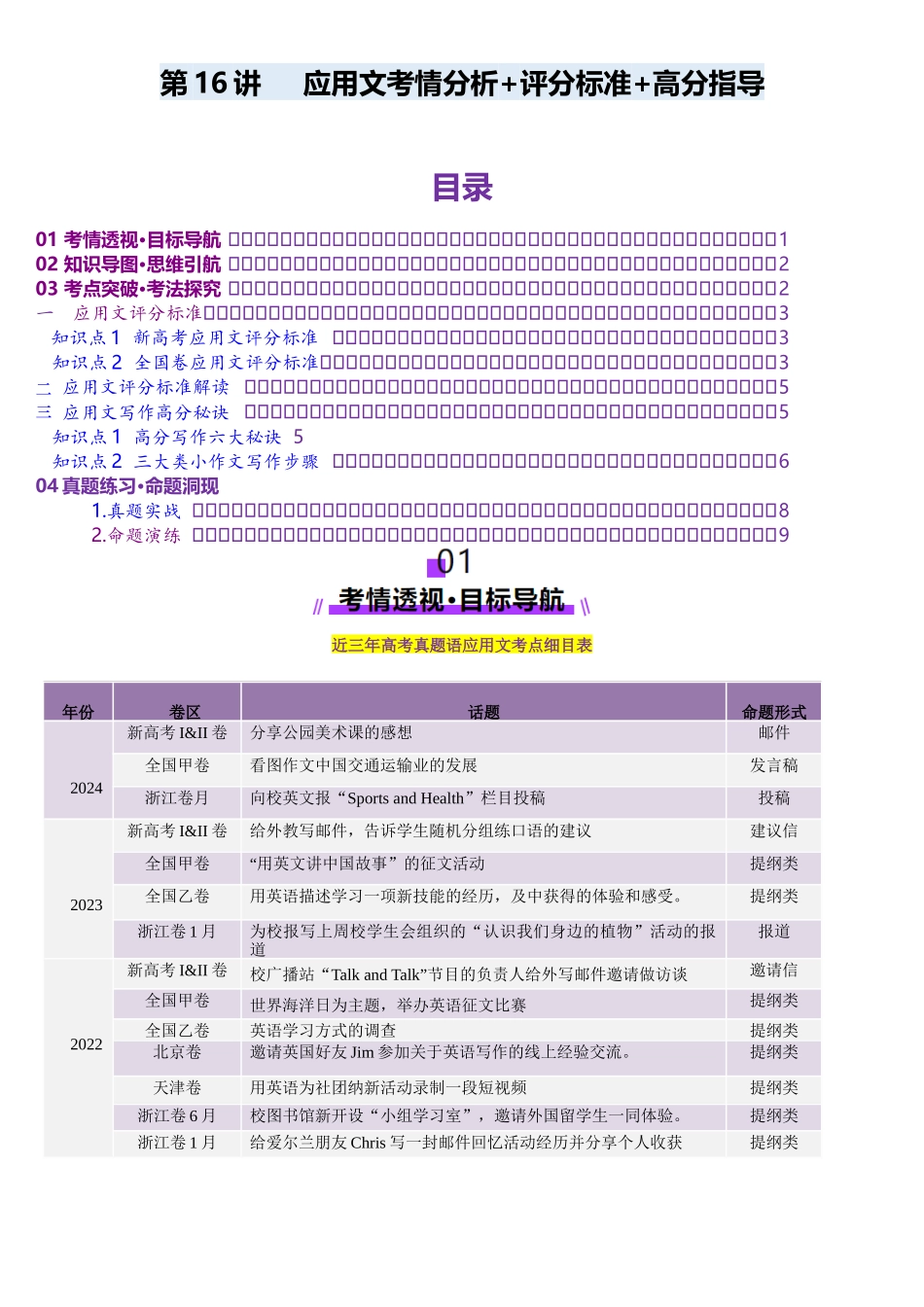 第16讲 应用文写作考情分析+评分标志+易错点(讲义)(学生版).docx_第1页