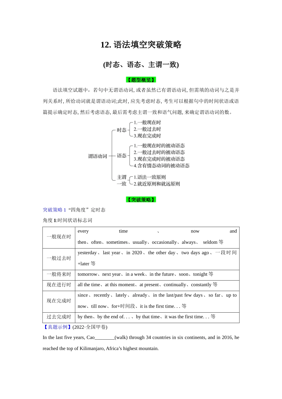 题型精析12.语法填空突破策略(时态、语态、主谓一致)(解析版).docx_第1页